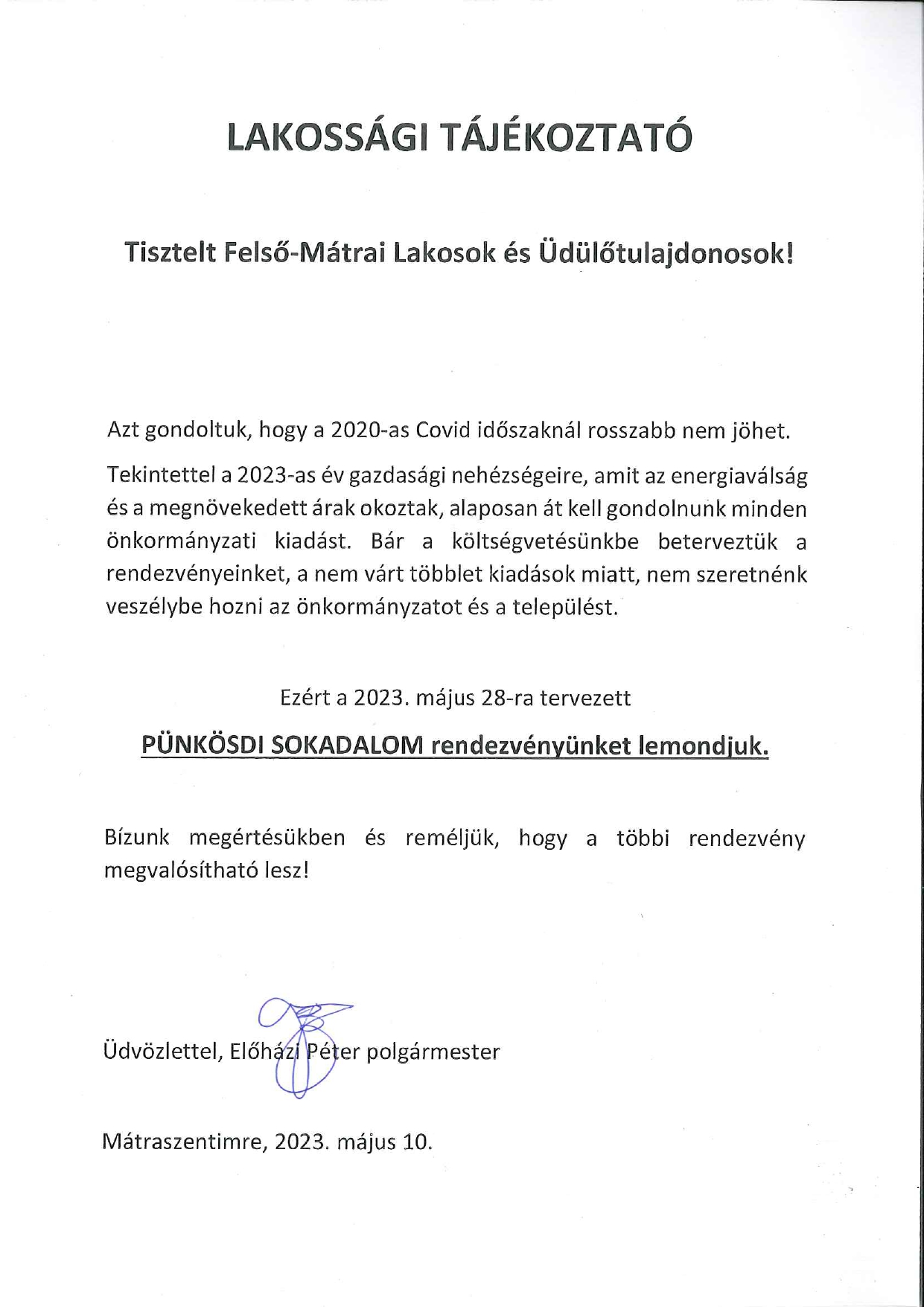 Pünkösdi rendezvény lemondása