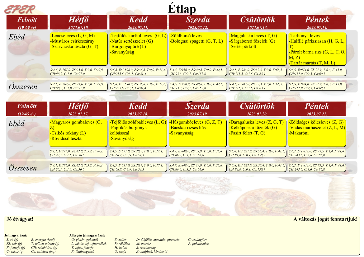 étlap 2023. július 10-től 2023. július 21-ig